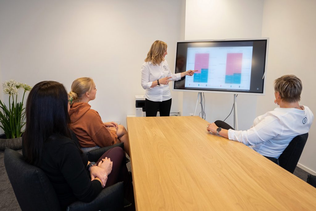Equipe en salle de réunion face à un tableau interactif et un tableau blanc